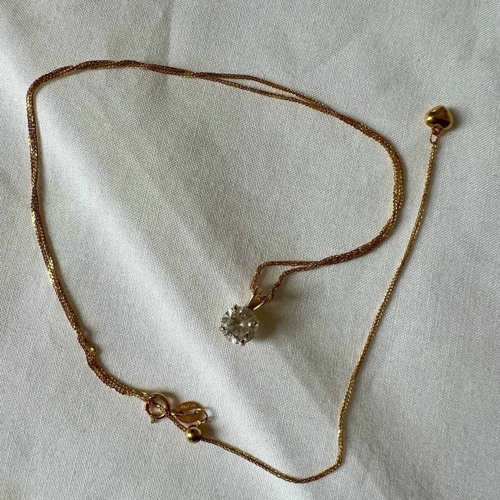 18K Solid Gold Dainty Solitaire Necklace • Adjustable 14–19 in